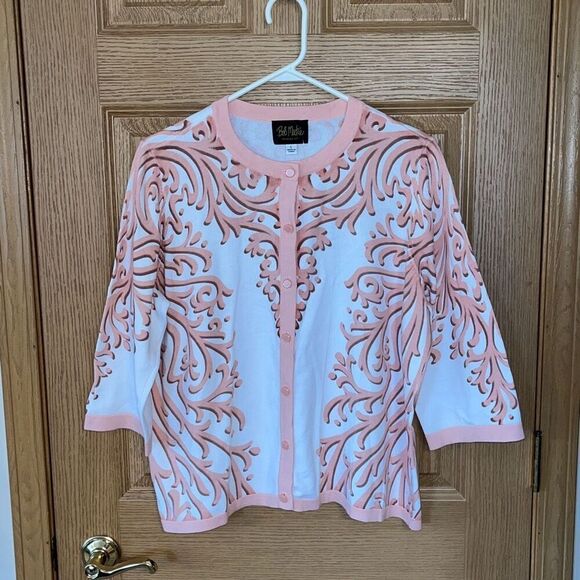 NWT Bob Mackie Peach Pattern Cardigan Sweater Large - Picture 1 of 5